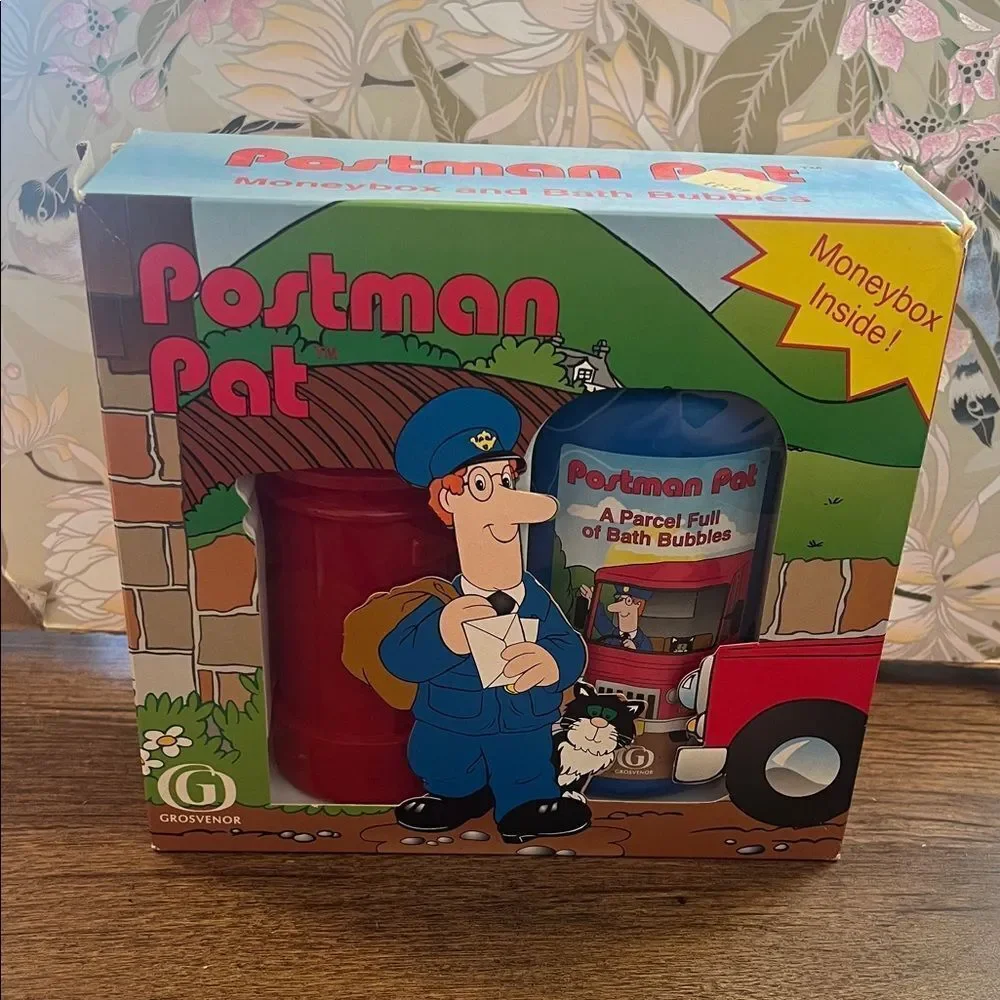 Vintage Postman Pat Moneybox and Bath Bubbles Set